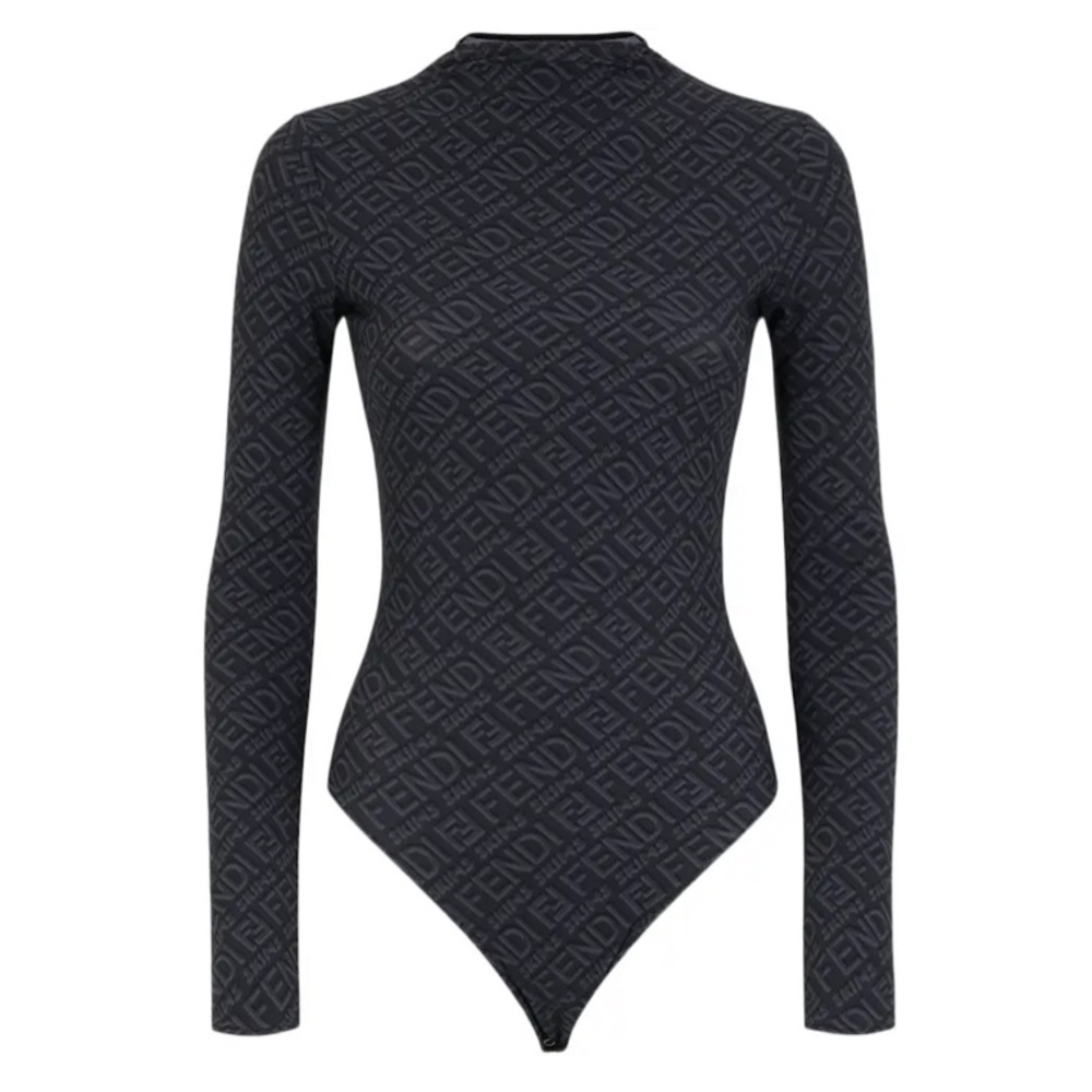 NWOT FENDI X SKIMS BLACK & GREY LONG-
SLEEVE MOCK-NECK LOGO BODYSUIT size XXS